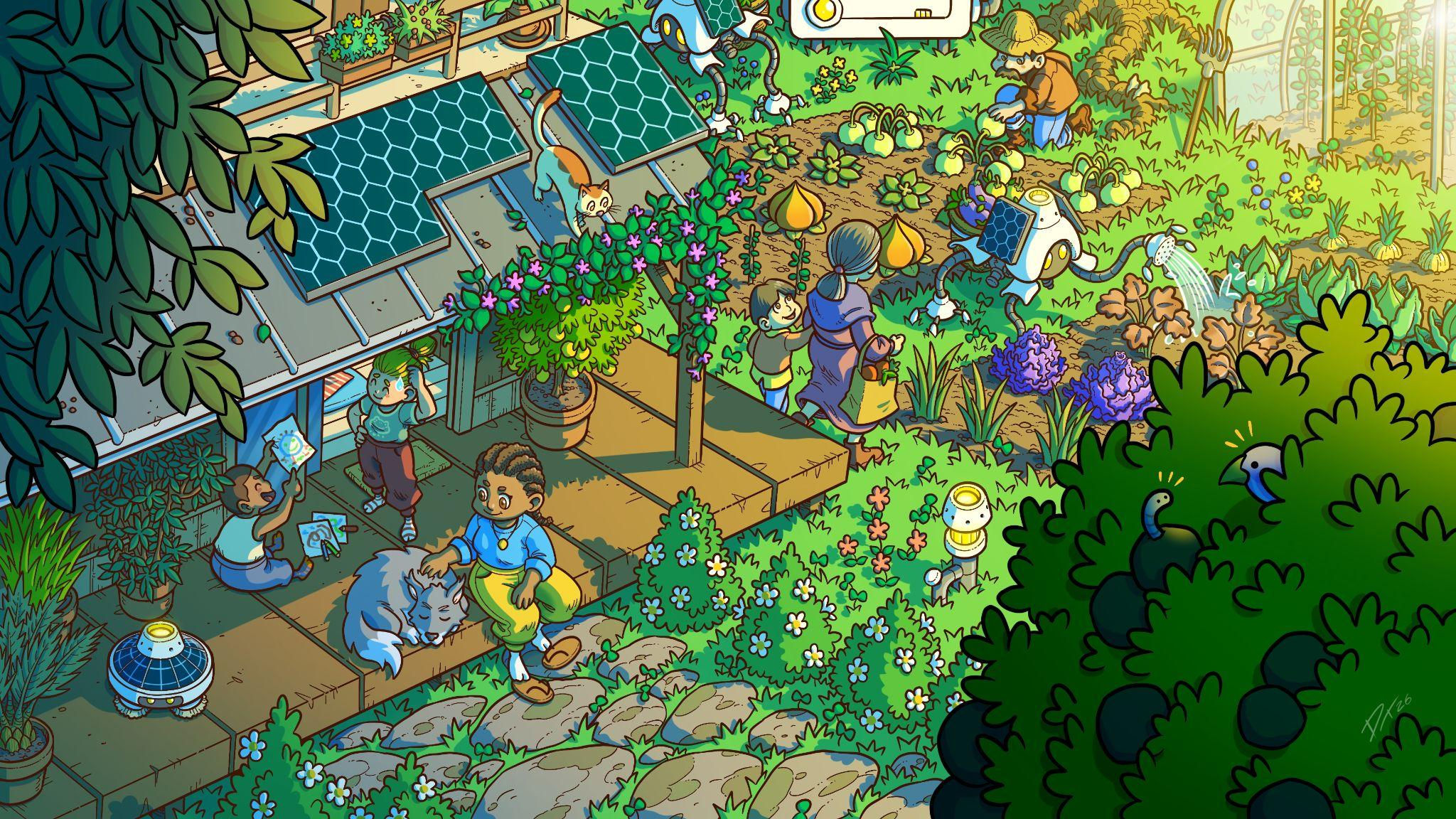 Isometric illustration of a shared neighbourhood garden: people of different ages tend lush beds of fruit, flowers and vegetables alongside small solar-powered robots that water plants and carry baskets. Children draw on a sunlit wooden deck shaded by solar panels while a cat and a dog rest nearby and a peacock peeks from the bushes.